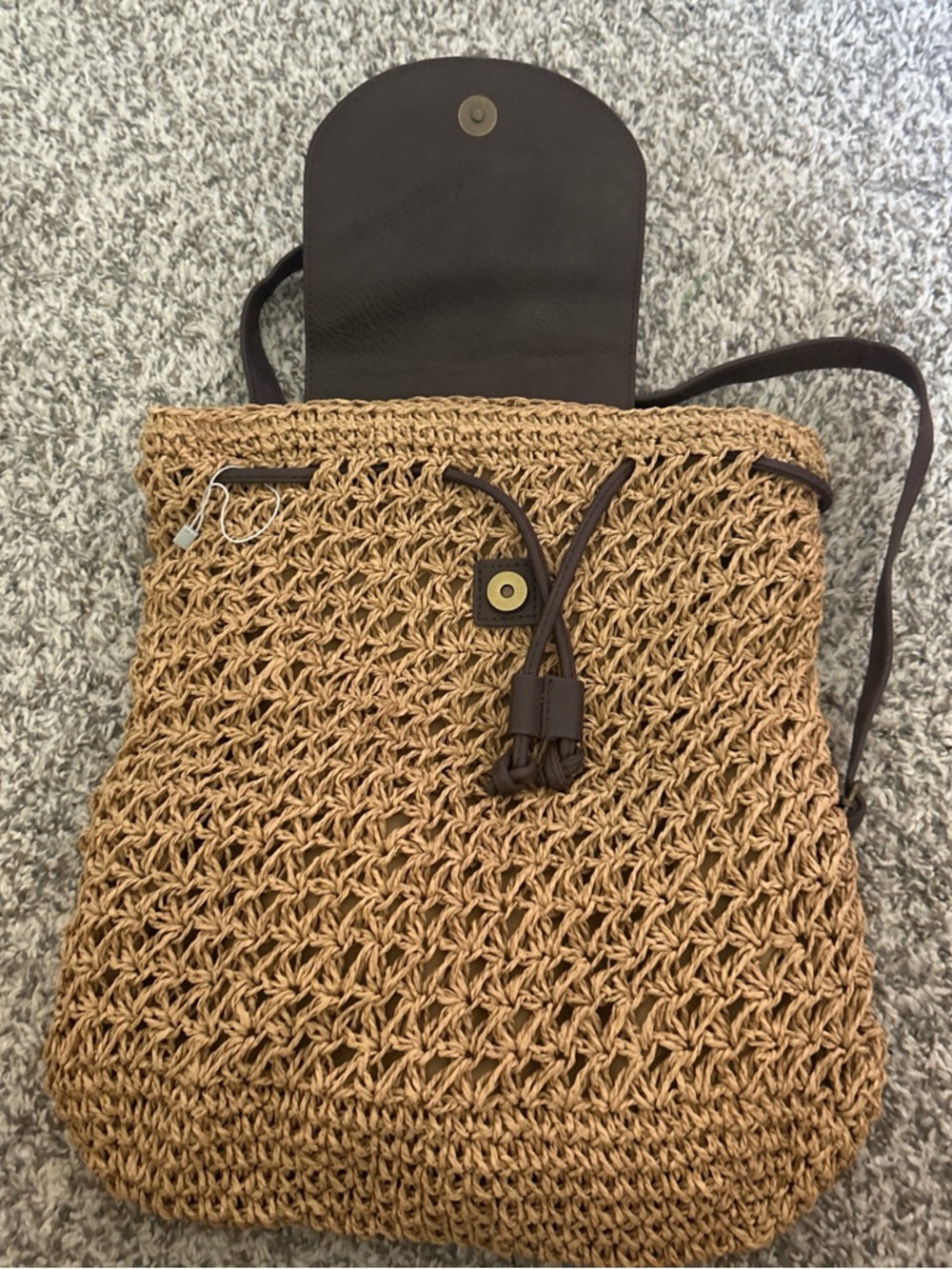 Crown Vintage Woven Straw Backpack with Dark Brown Leather Flap - Picture 4 of 6